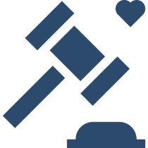 Gavel and heart icon on black background.