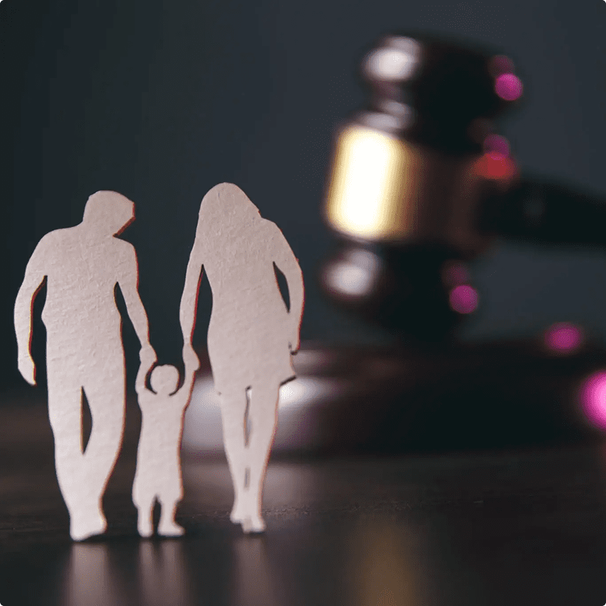 Silhouette family with gavel in background.