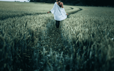 Person walking down path in wheat field