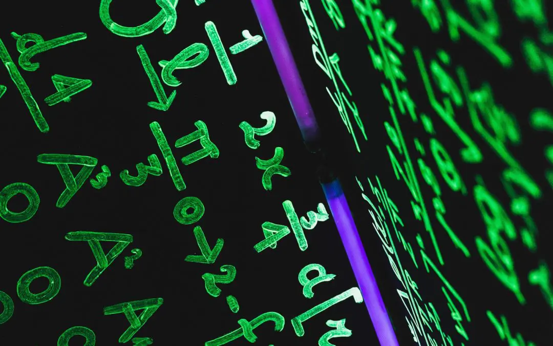 Glowing green mathematical equations on blackboard