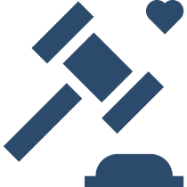 Gavel and heart icon on black background.