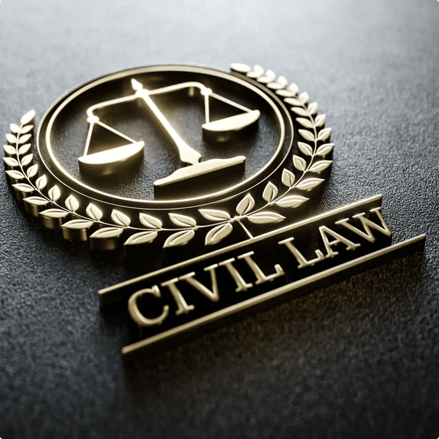 Gold civil law emblem with scales.