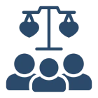 Three people under justice scales icon.