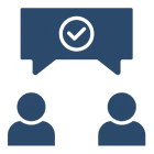 Two figures communicating with checkmark bubble.