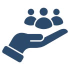 Hand holding three user icons, black background.