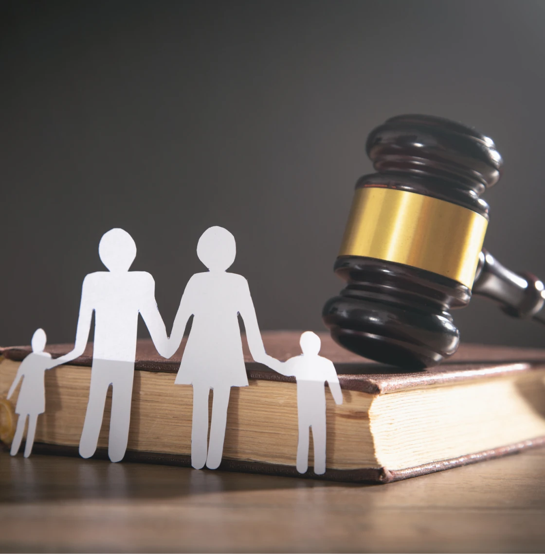 Paper family, gavel, and book concept.