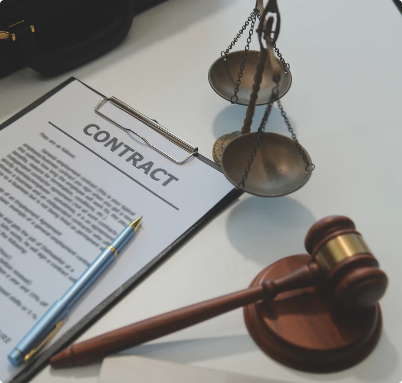 Contract with gavel and scales on desk.