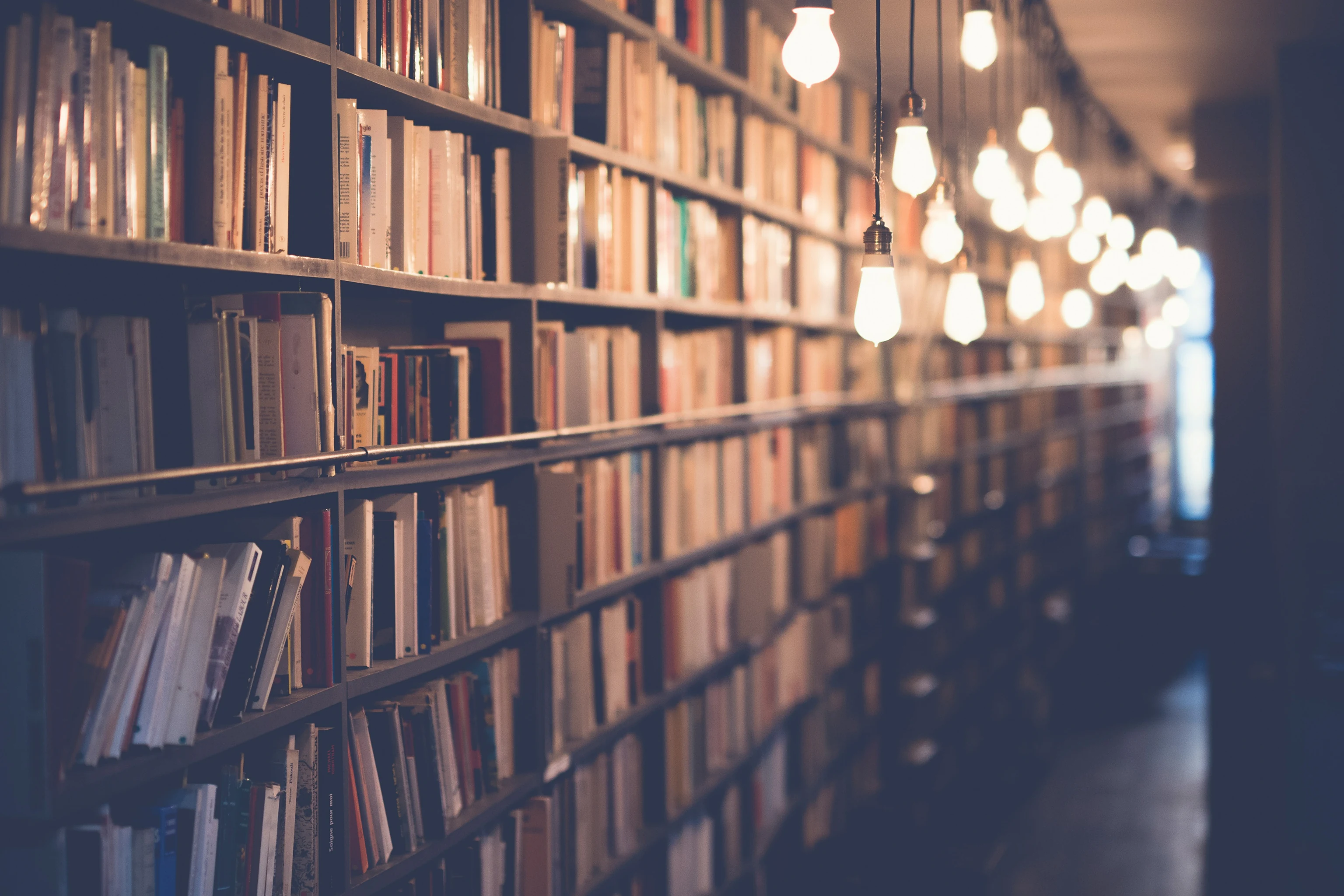 Rows of bookshelves illuminated by hanging bulbs