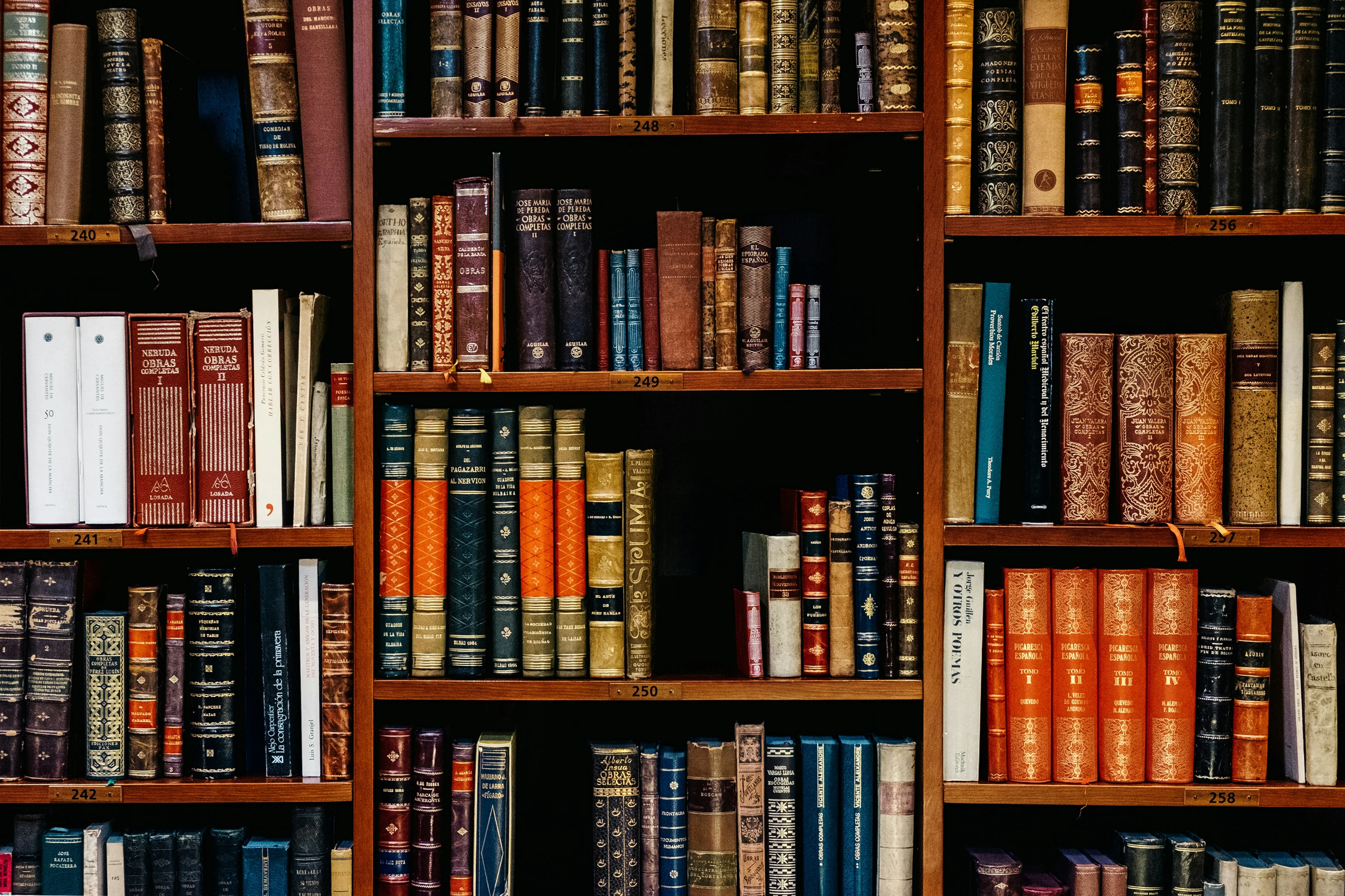 Rows of vintage books on wooden shelves