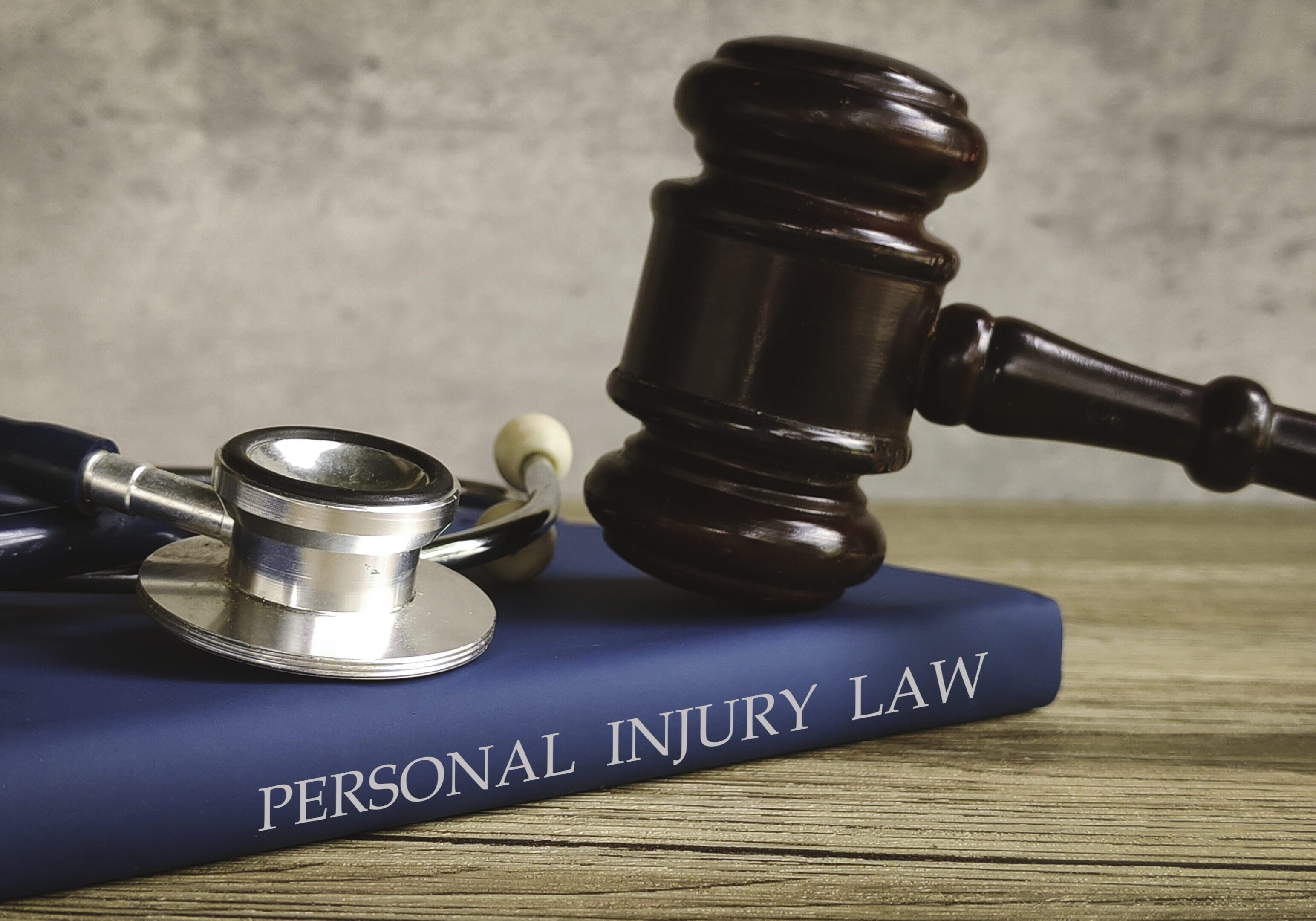A gavel and stethoscope on a personal injury law book.